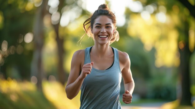 Foto longitud completa de una atleta feliz corriendo en el parque