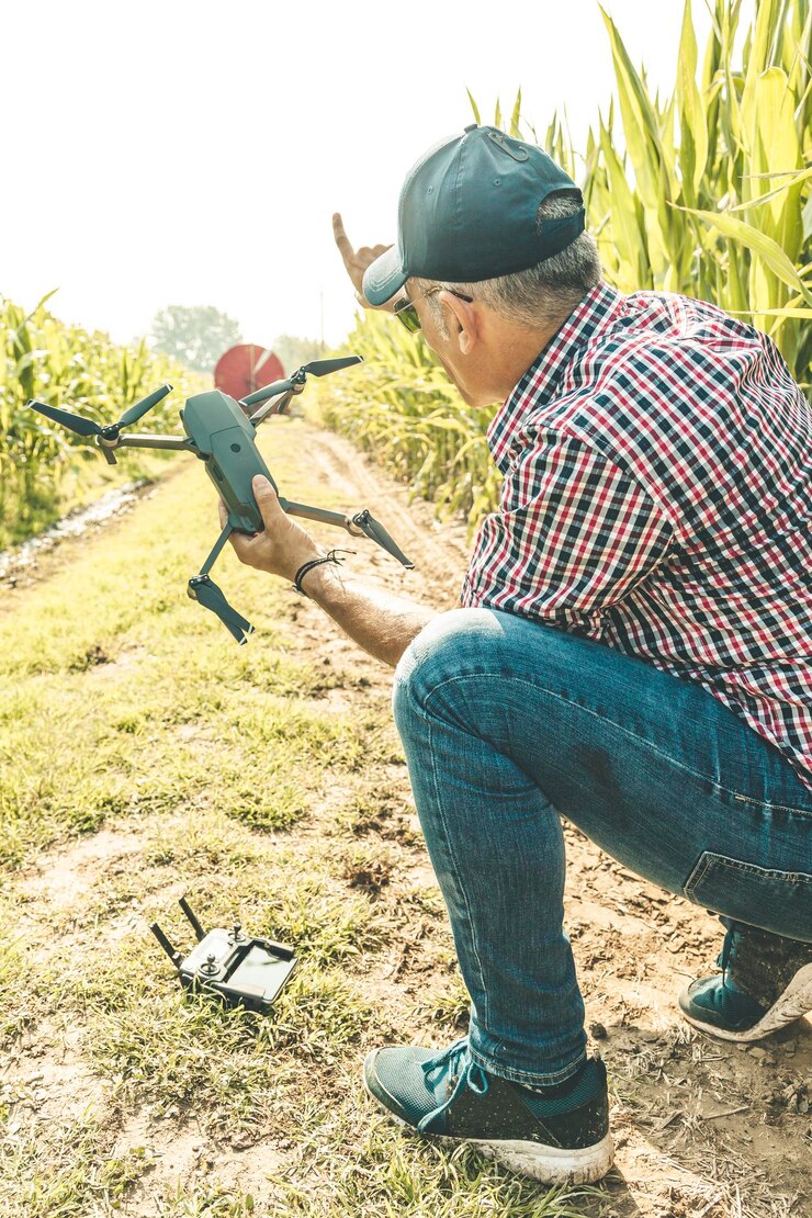 Foto longitud completa de un hombre maduro sosteniendo un avión no tripulado mientras se agacha en el campo contra el cielo