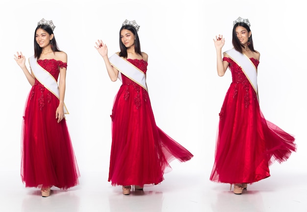 La longitud total del concurso Miss Beauty Pageant viste un vestido rojo de lentejuelas con una corona de diamantes