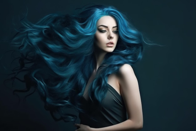 Longo cabelo azul Mulher bonita Imagem de ilustração bonita IA generativa