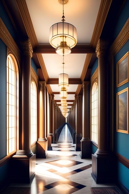 Longo corredor de galeria construído em perspectiva de estilo clássico na arquitetura