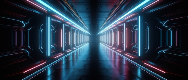 Longo corredor de néon túnel abstrato colorido Generative AI