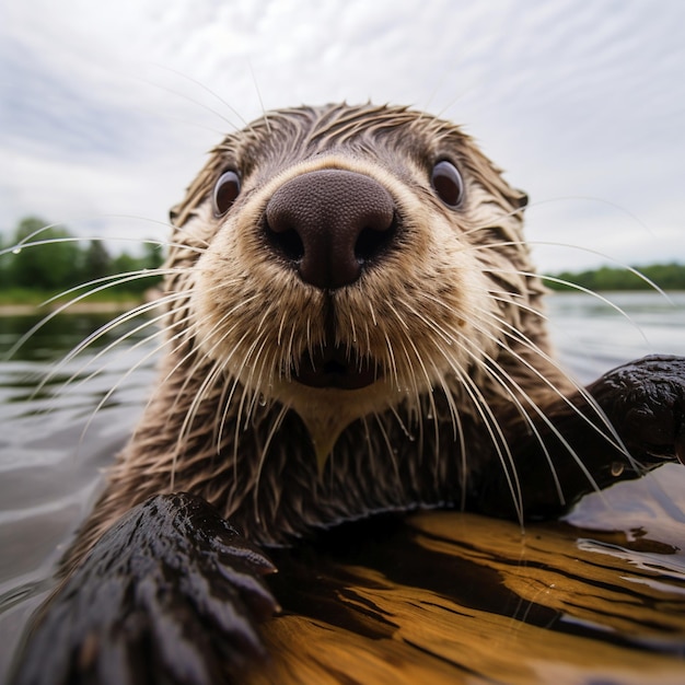 Lontra cheirando o retrato do rosto da câmera