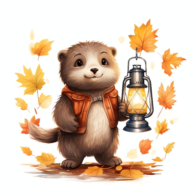 Lontra com lanterna na floresta de outono