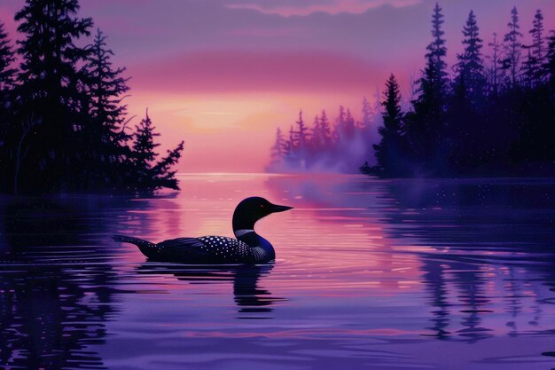 Loon nas águas calmas de um lago no crepúsculo chamando