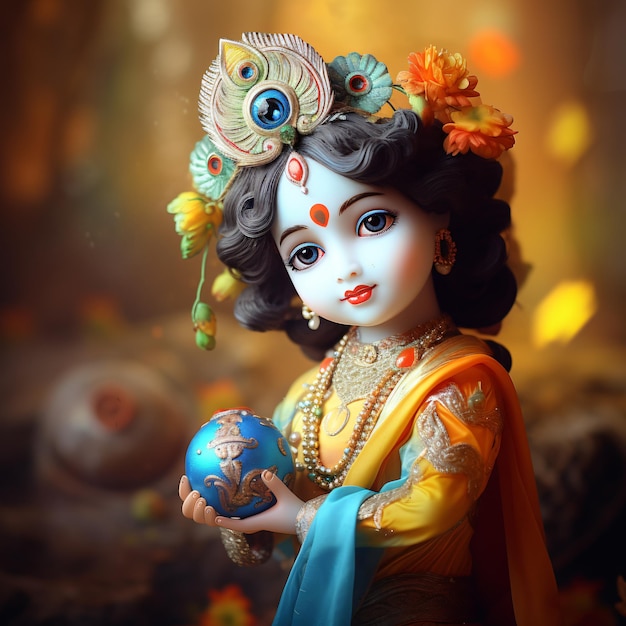 Lord Bal Krishna mit bunten Hintergrundtapeten