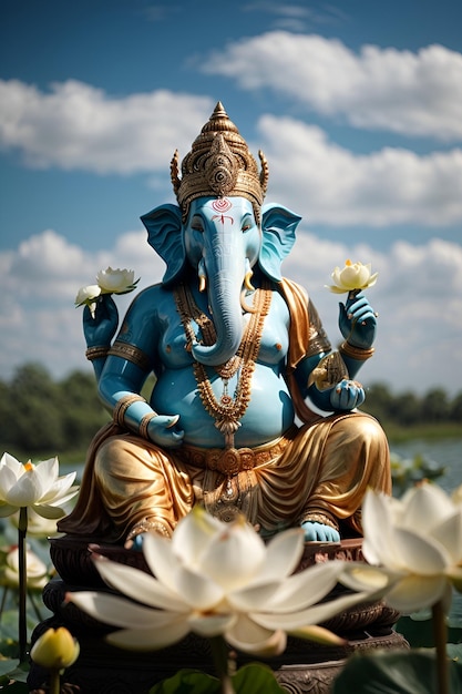 Foto lord ganesh sentado en lotus en el lago