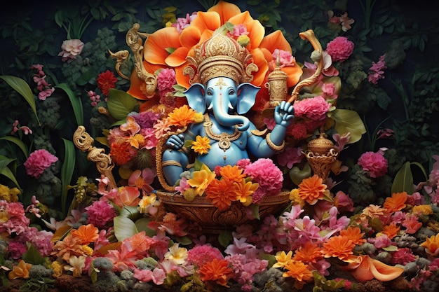 Lord Ganesha ist von Blumen umgeben. Ganesh Festival Indisches Ganesh Chaturthi Festival