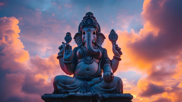 Lord Ganesha-Skulptur beim wunderschönen Sonnenuntergang, Göttin Ganesh Festival