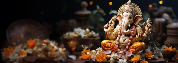 Lord Ganpati farbenfroher Hindu-Gott Ganesha auf dunklem Hintergrund Statue auf Holztisch mit einem Rauch von