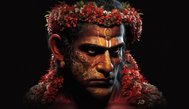 Lord hanuman con cara de flores imagen de fotografía floral clásica arte generado por IA