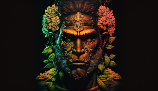 Lord Hanuman com rosto de flores neon clássico ilustração floral imagem arte gerada por IA