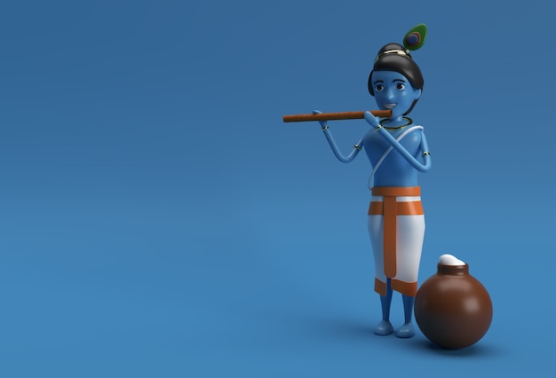 Lord Krishna spielt Bansuri (Flöte) mit einem Topf Butter. 3D-Render-Abbildung.