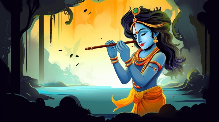 Lord Krishna toca la flauta en el saludo del festival indio Happy Janmashtami, AI Generative