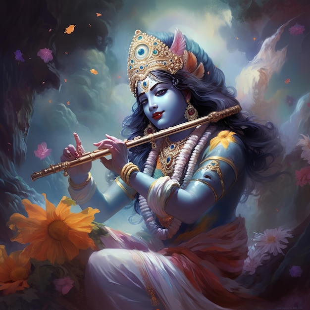 Lord Krishna y tocando la flauta con motivo del festival Janmashtami de la India Ai Generated