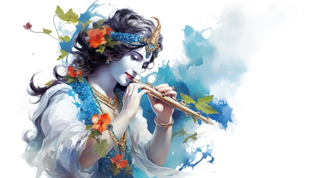 Foto lord krishna y tocando la flauta con motivo del festival janmashtami de la india ai generated