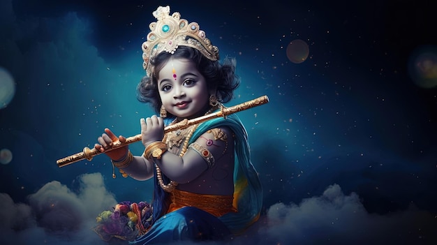 Lord Krishna wunderschönes Poster mit einer imaginären Janmasthami-Landschaft speziell für Inder