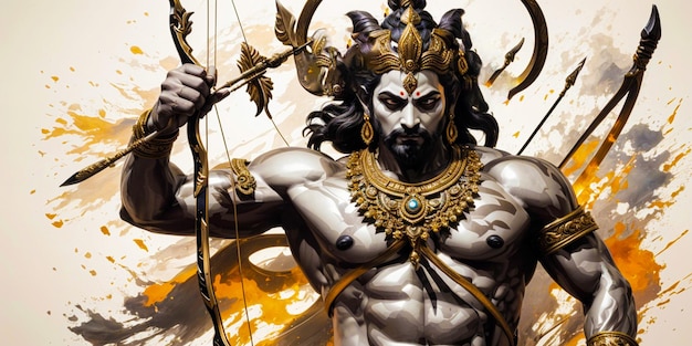 Lord Ram hält Bogenpfeil mit Silhouette Ravan-Dämon und Pinselstricheffekt auf weißem Hintergrund f