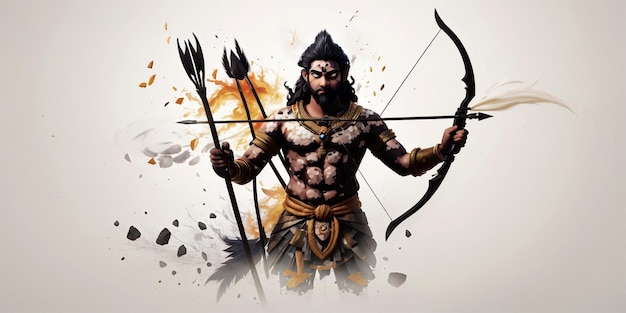 Lord Ram sosteniendo arco y flecha con silueta Ravan Demon y efecto de pincelada