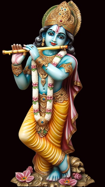 Lord Shree Krishna jugando Bansuri contra fondo negro