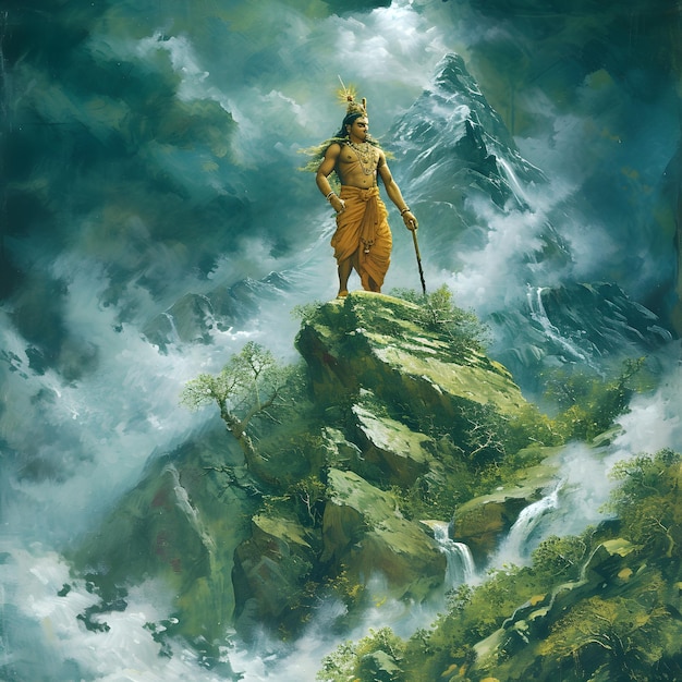 Foto lord vishnu als parashuram auf dem gipfel des berges