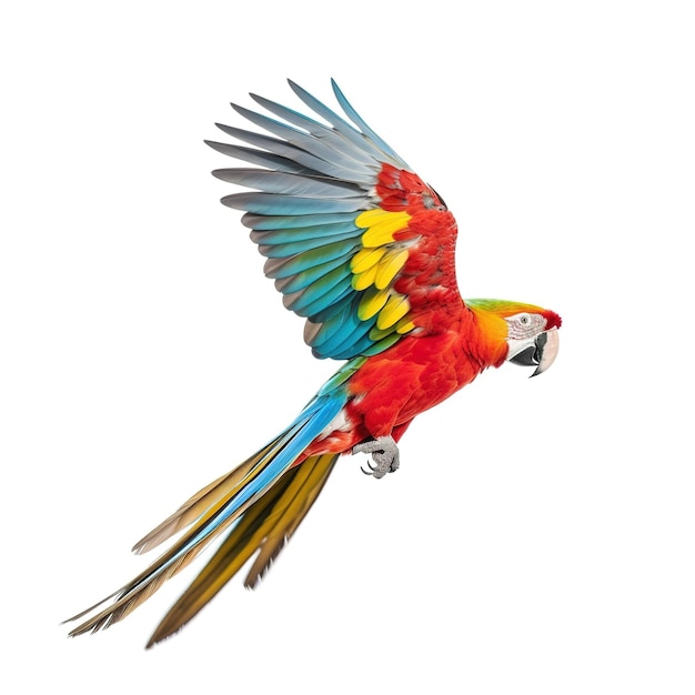 Un loro con un ala colorida está volando en el aire.
