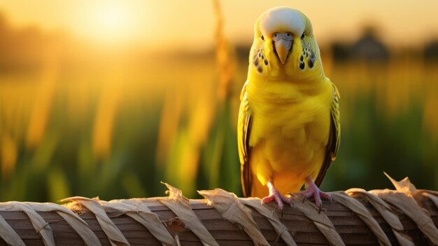 El loro amarillo brillante en la valla Fotografía romántica de enfoque suave