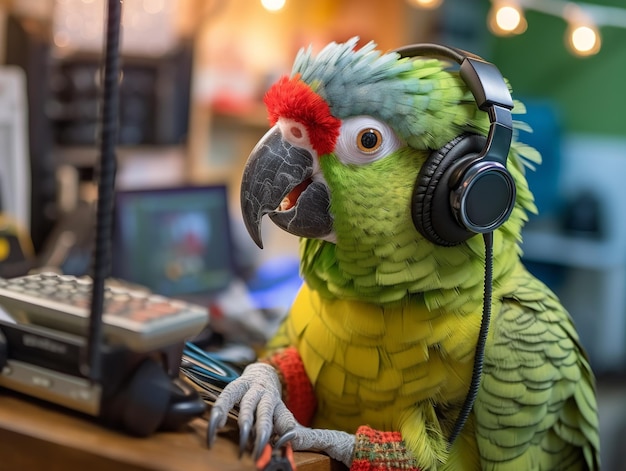 Un loro con auriculares y un micrófono en la cabeza.