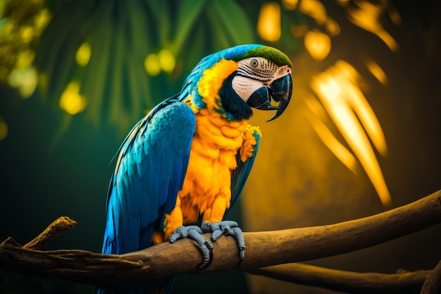 Loro azul y amarillo sentado en la parte superior de la rama de un árbol en la rama de un árbol IA generativa