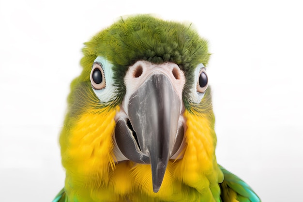 Un loro con cabeza y pico amarillo y verde.