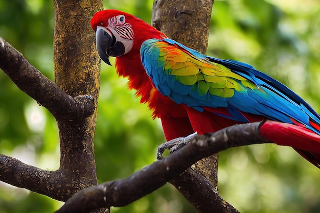 Un loro con una cabeza roja brillante y plumas coloridas en su cuerpo en una rama de árbol verde ilustración 3D