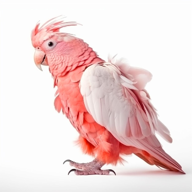 Foto el loro cacao rosa y blanco está de pie erguido en sus patas traseras