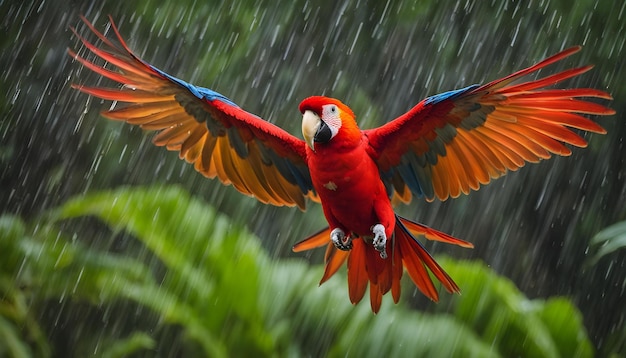 un loro con una cola azul y roja está volando en la lluvia