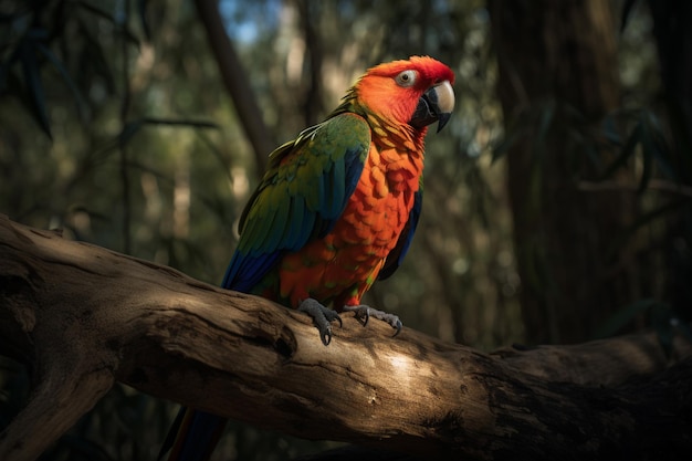 Loro de colores brillantes posado en una rama en un bosque generativo ai