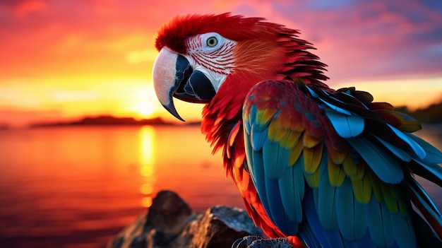 loro de colores brillantes sentado en una roca al atardecer con agua en el fondo generativo ai