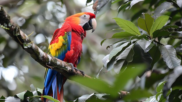 Foto un loro de colores brillantes se sienta en una rama en la selva tropical el loro tiene plumas rojas amarillas azules y verdes