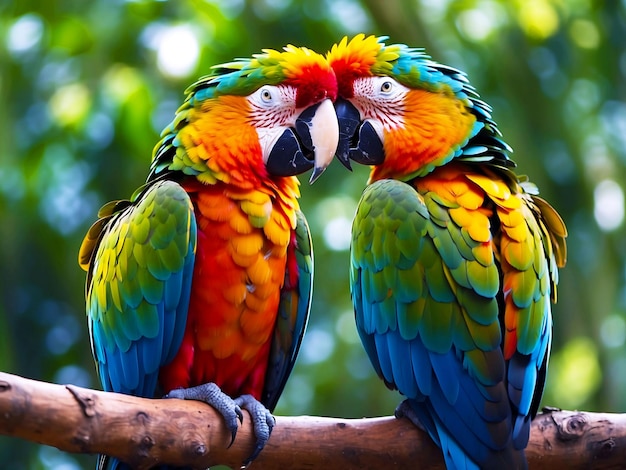 Un loro colorido con una cola azul se sienta en una rama