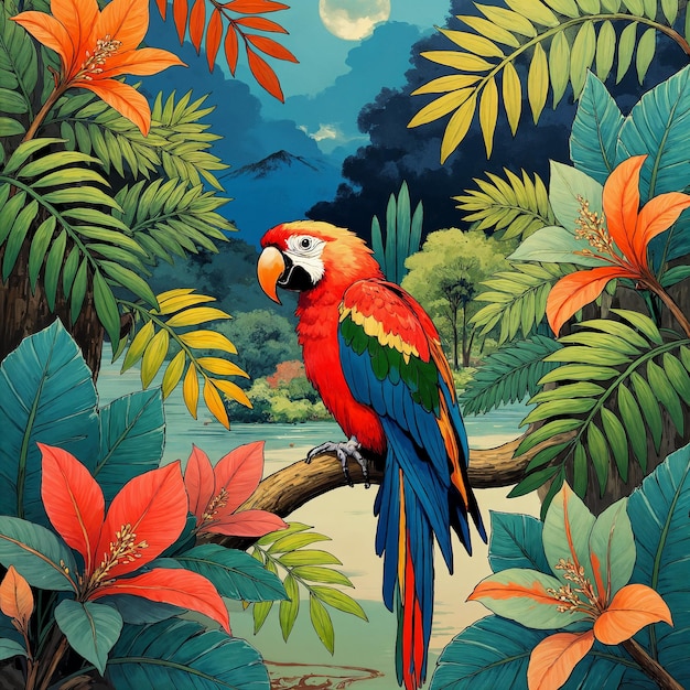 El loro colorido en la exuberante selva tropical con luna llena