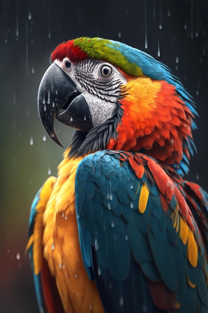 Un loro colorido bajo la lluvia.