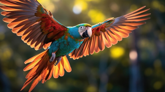 Un loro colorido en pleno vuelo con sus alas extendidas y sus plumas un arco iris de colores