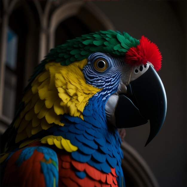 Un loro colorido con una pluma roja y verde en la cabeza.