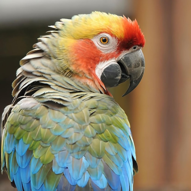 Foto un loro colorido con una pluma verde y roja en la cabeza