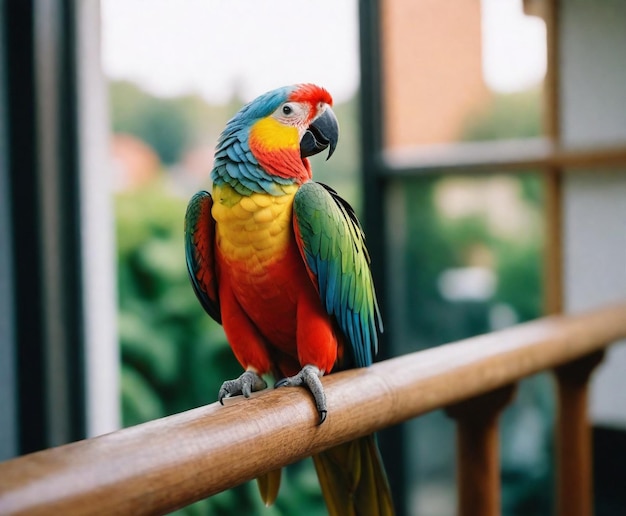 Un loro colorido con una pluma verde y roja en la cabeza