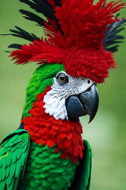 loro colorido con una pluma verde y roja en la cabeza