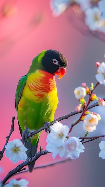 Foto un loro colorido está posado en una rama de un árbol con flores rosadas