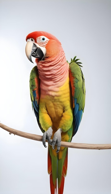 Foto un loro colorido está posado en una rama con un fondo blanco