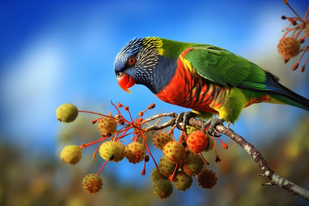 Un loro colorido se sienta en una rama con un cielo azul de fondo.