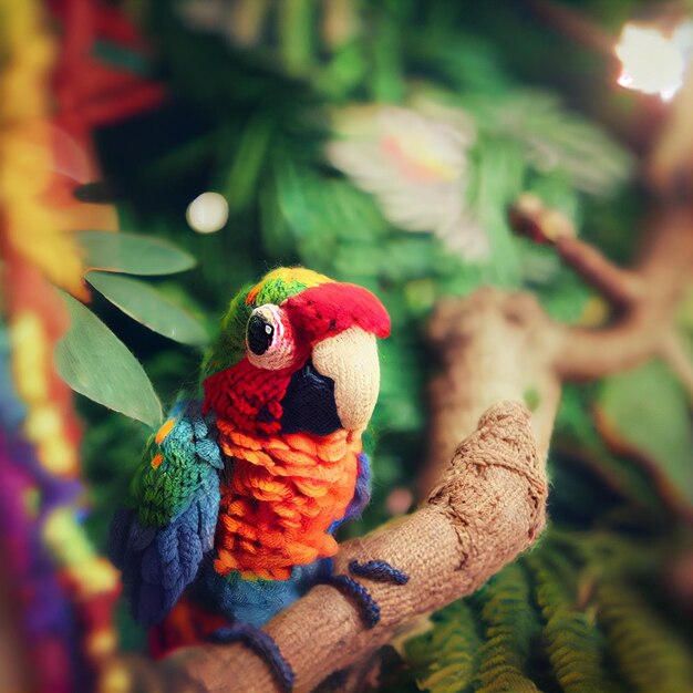 Un loro colorido se sienta en una rama frente a un fondo de selva.