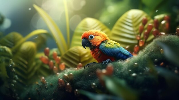 Un loro colorido se sienta en una rama en la selva.