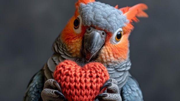 Foto el loro colorido sostiene un corazón rojo tejido su plumaje vibrante contrasta con un dorso de gradiente oscuro